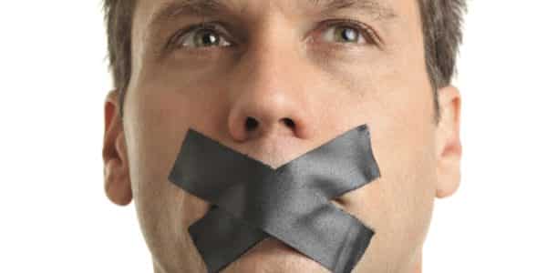 Man with Mouth Taped Shut on White