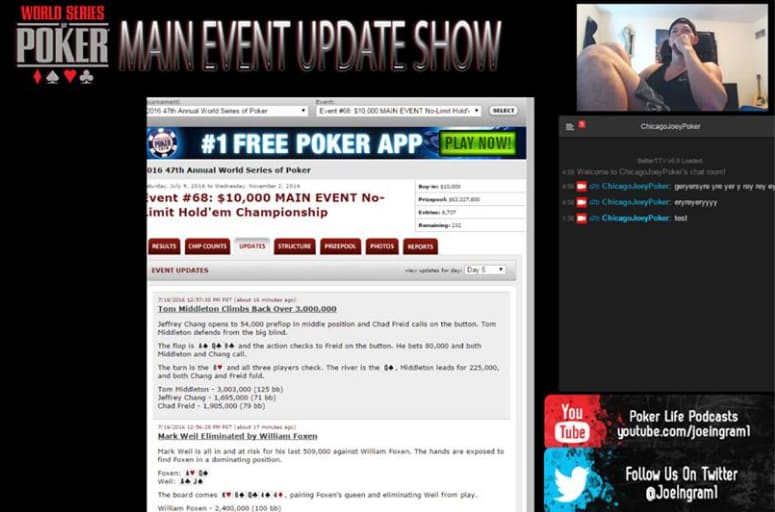 Joey Ingram WSOP Main Event Update Show layout