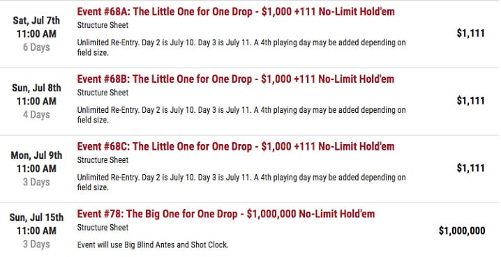 2018 wsop schedule little one and big one for one drop