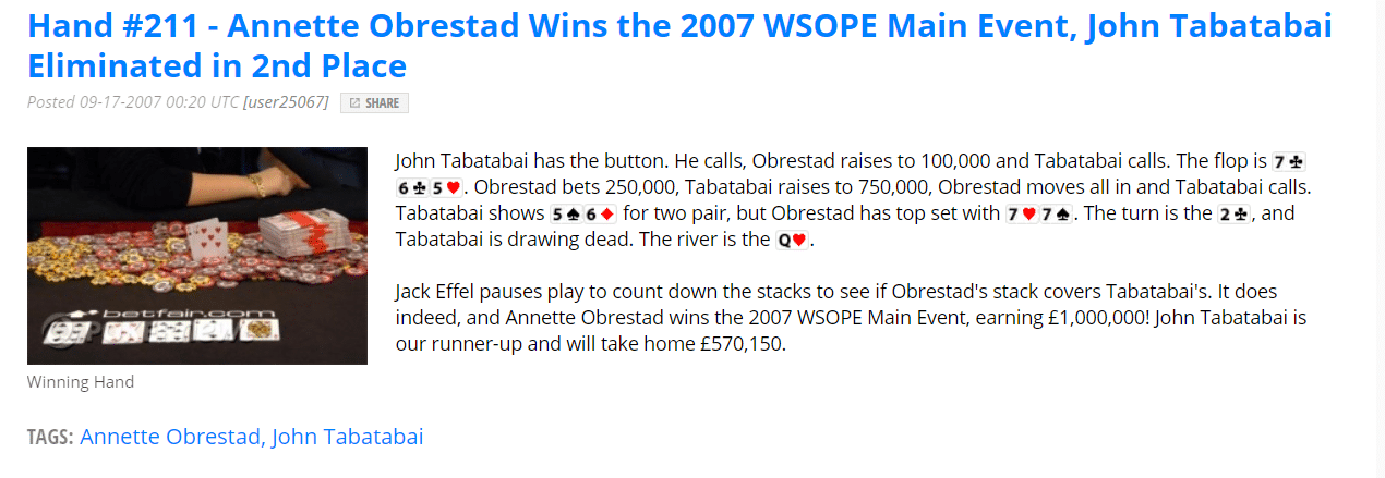 Annette Obrestad's final hand at the 2007 WSOP Europe Main Event