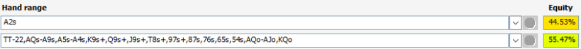 A calculation showing the equity A2s has vs. a button call range.