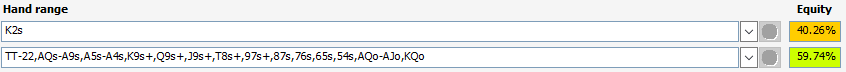 A calculation showing the equity of K2s vs. a button call range.