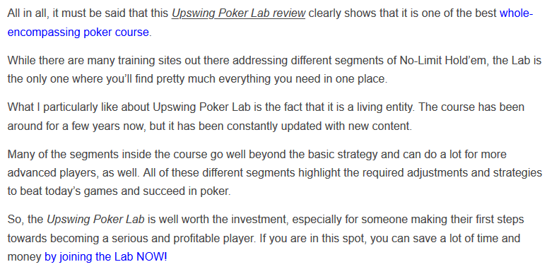 Review conclusion from Upswing affiliate <a href="https://www.mypokercoaching.com/upswing-poker-lab-review-promo-code/" target="_blank" rel="noopener noreferrer">mypokercoaching</a>