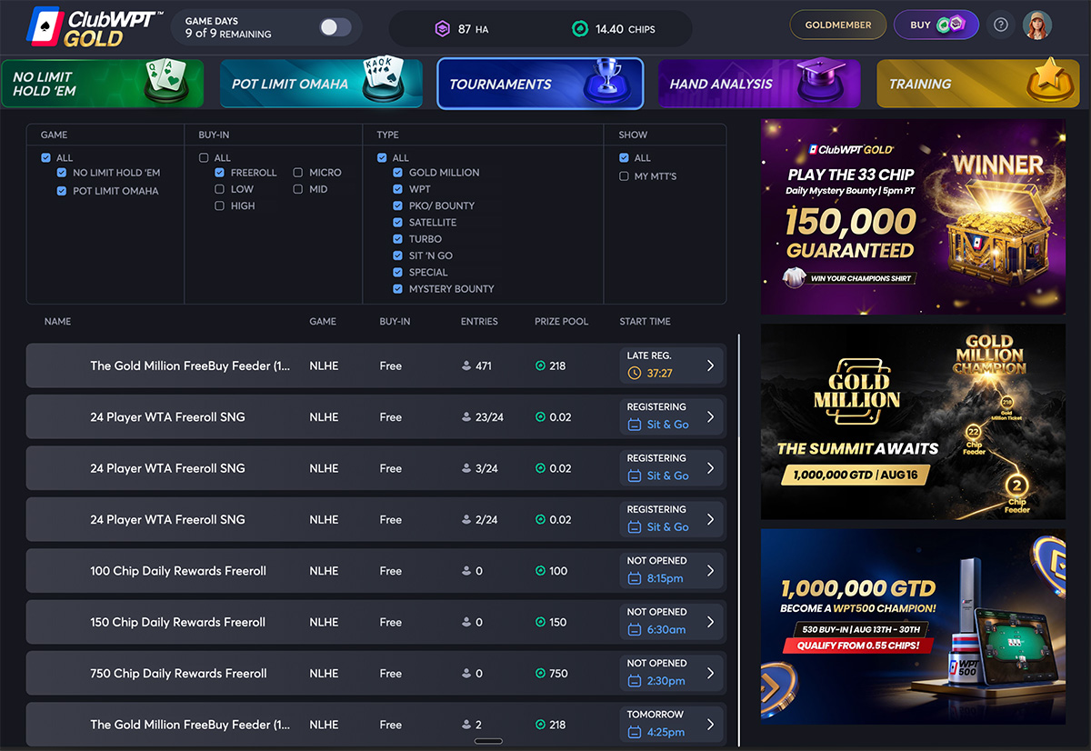 ClubWPT Gold freeroll tournaments