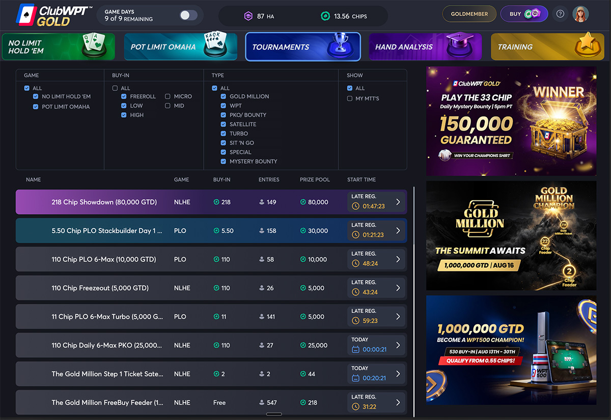 ClubWPT Gold tournament lobby