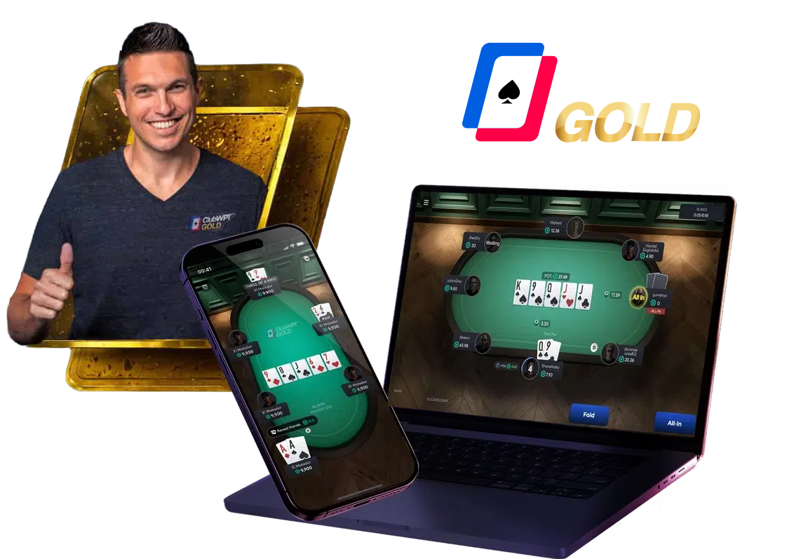 ClubWPT Gold online poker running on a laptop and phone