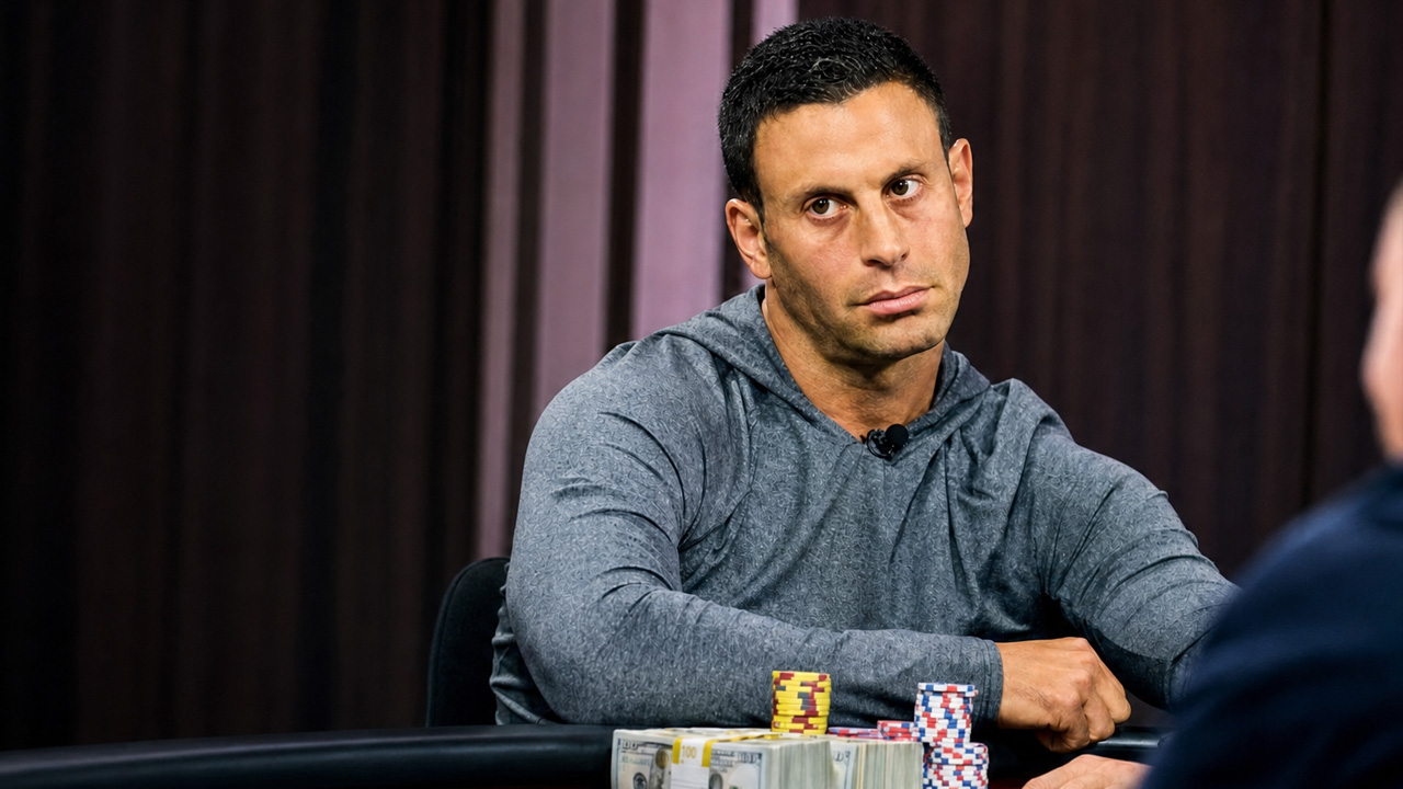 Garrett Adelstein seated at a high stakes live cash table with chips and cash stacks in front of him